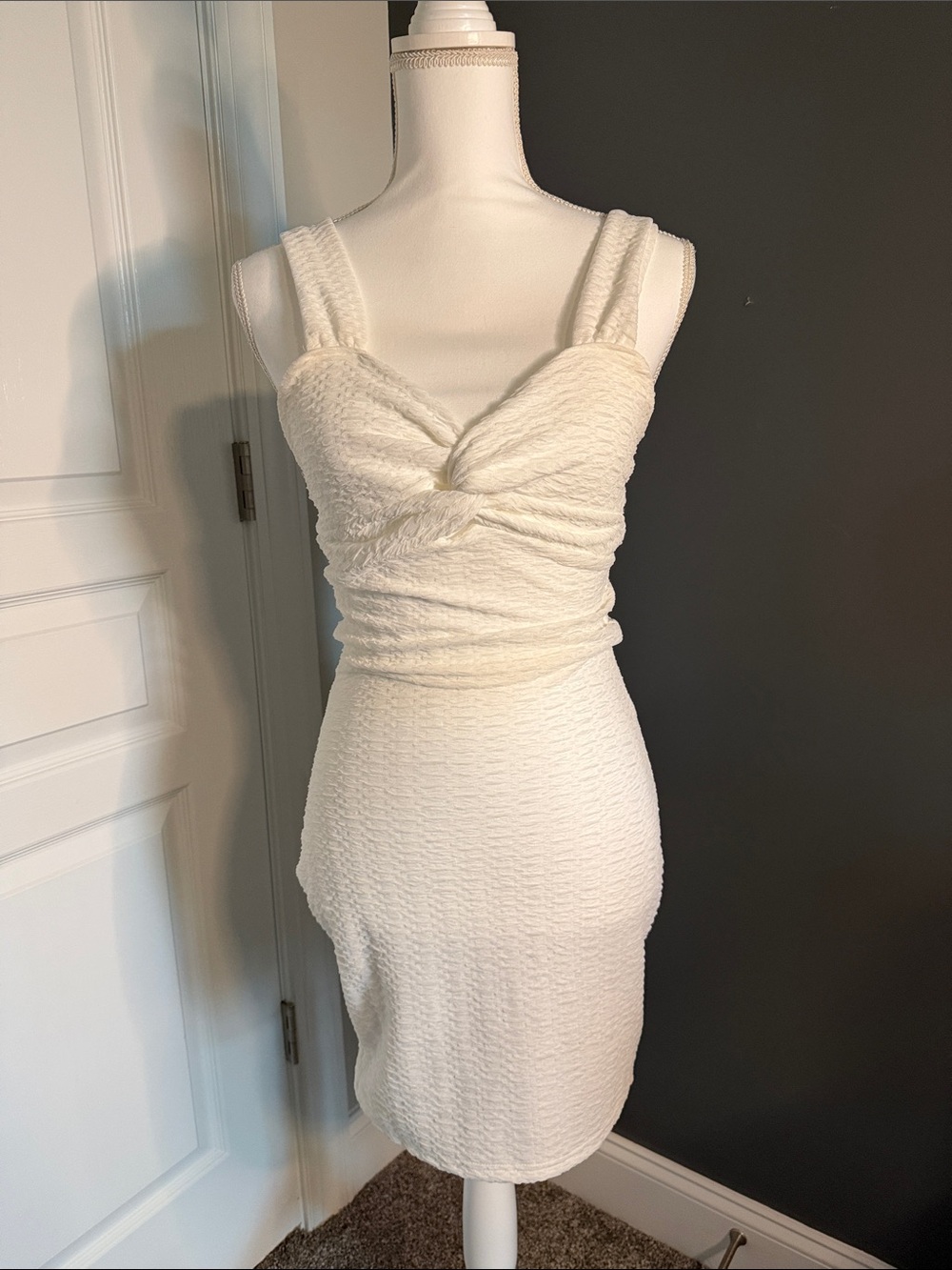 Twist-Front White Textured Mini Dress